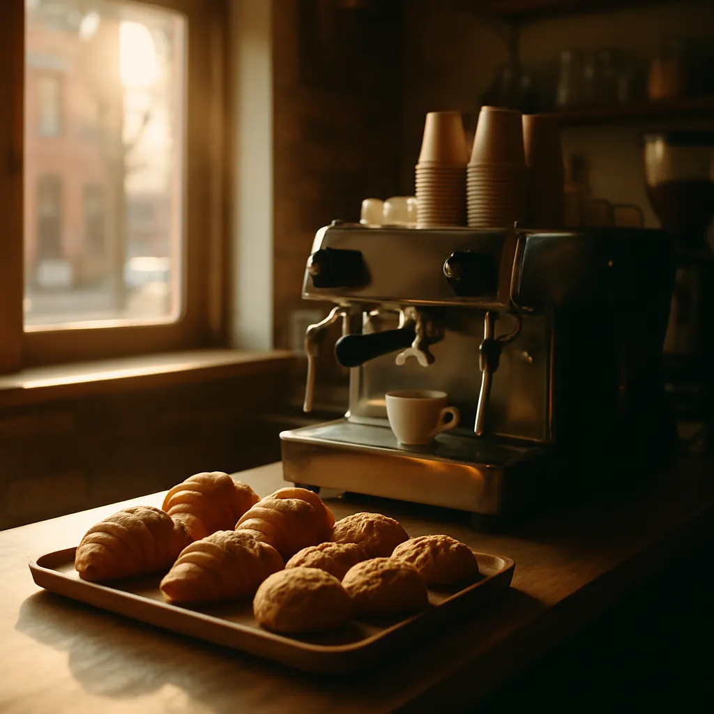 The counter of a small coffee shop in the morning