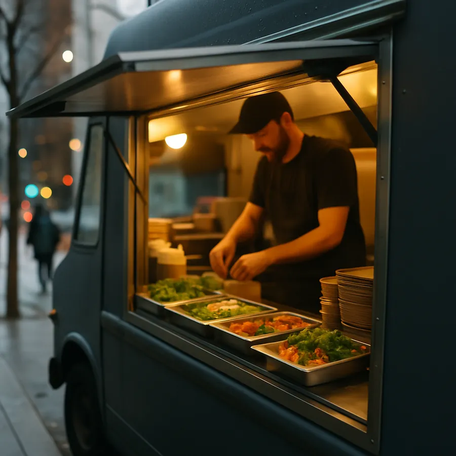 A food truck serving window at lunchtime