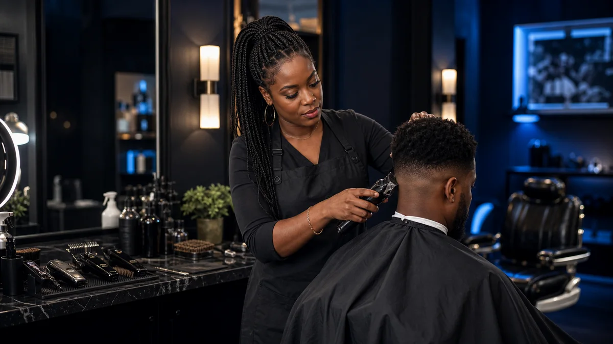 Black woman barber cutting hair in a modern barbershop